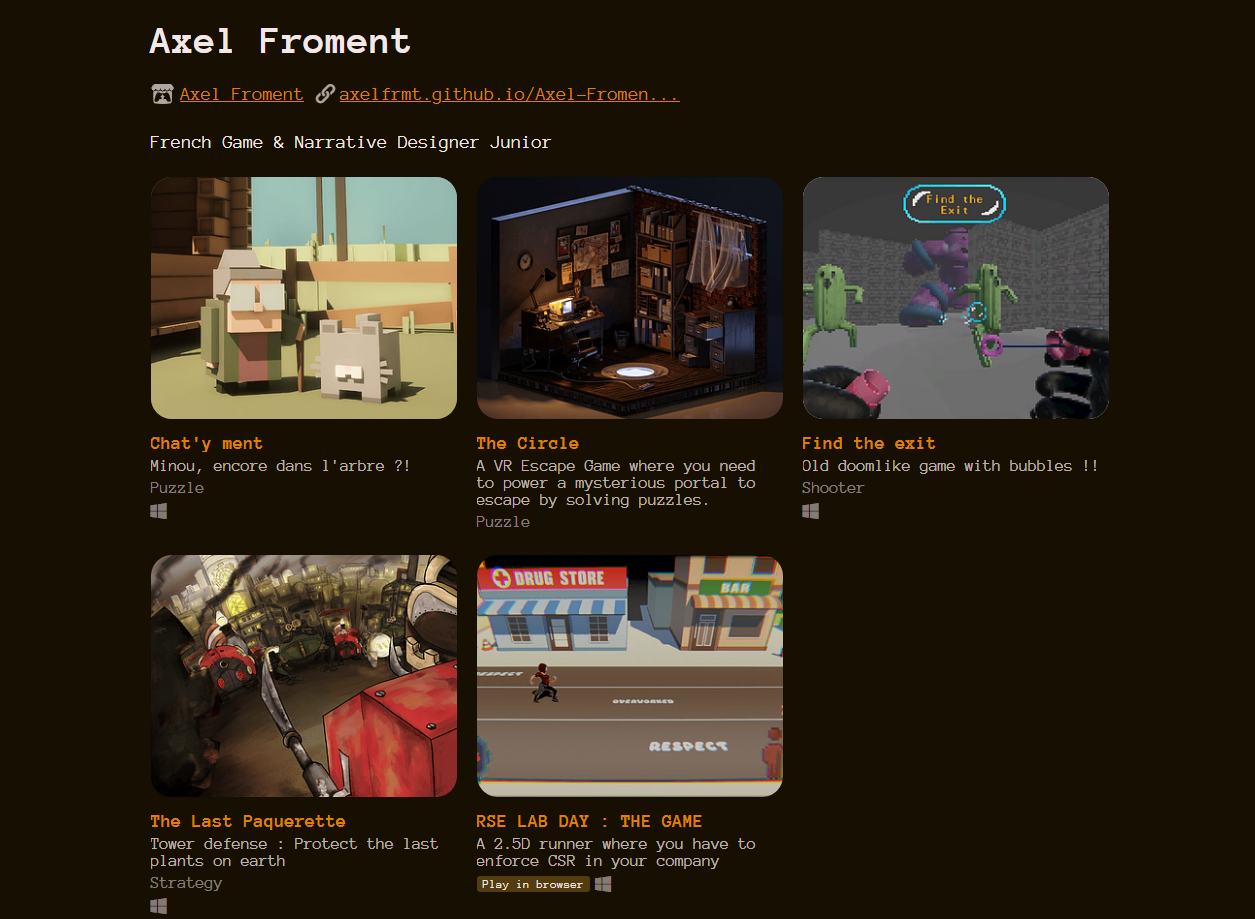 Aperçu du profil Itch.io